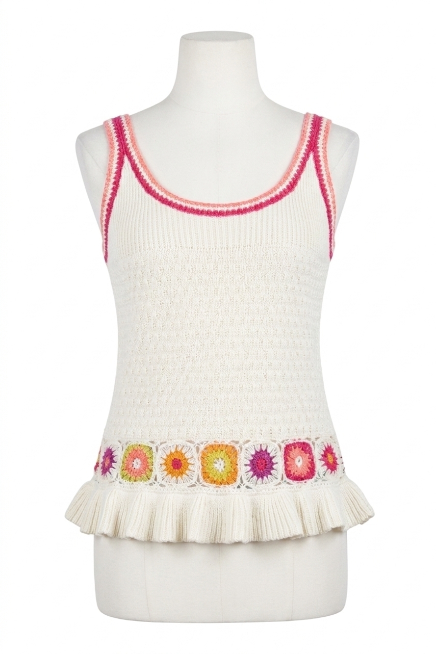 NEW TRIBAL sasi scoop neck crochet detail sweater tank in white